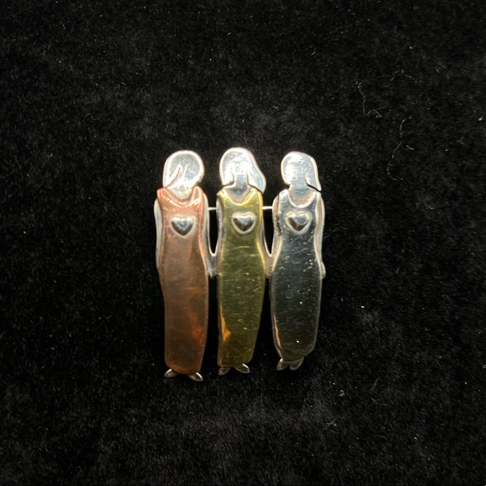 Far Fetched 925 Sterling Silver Copper Brass Sisters Brooch Pin